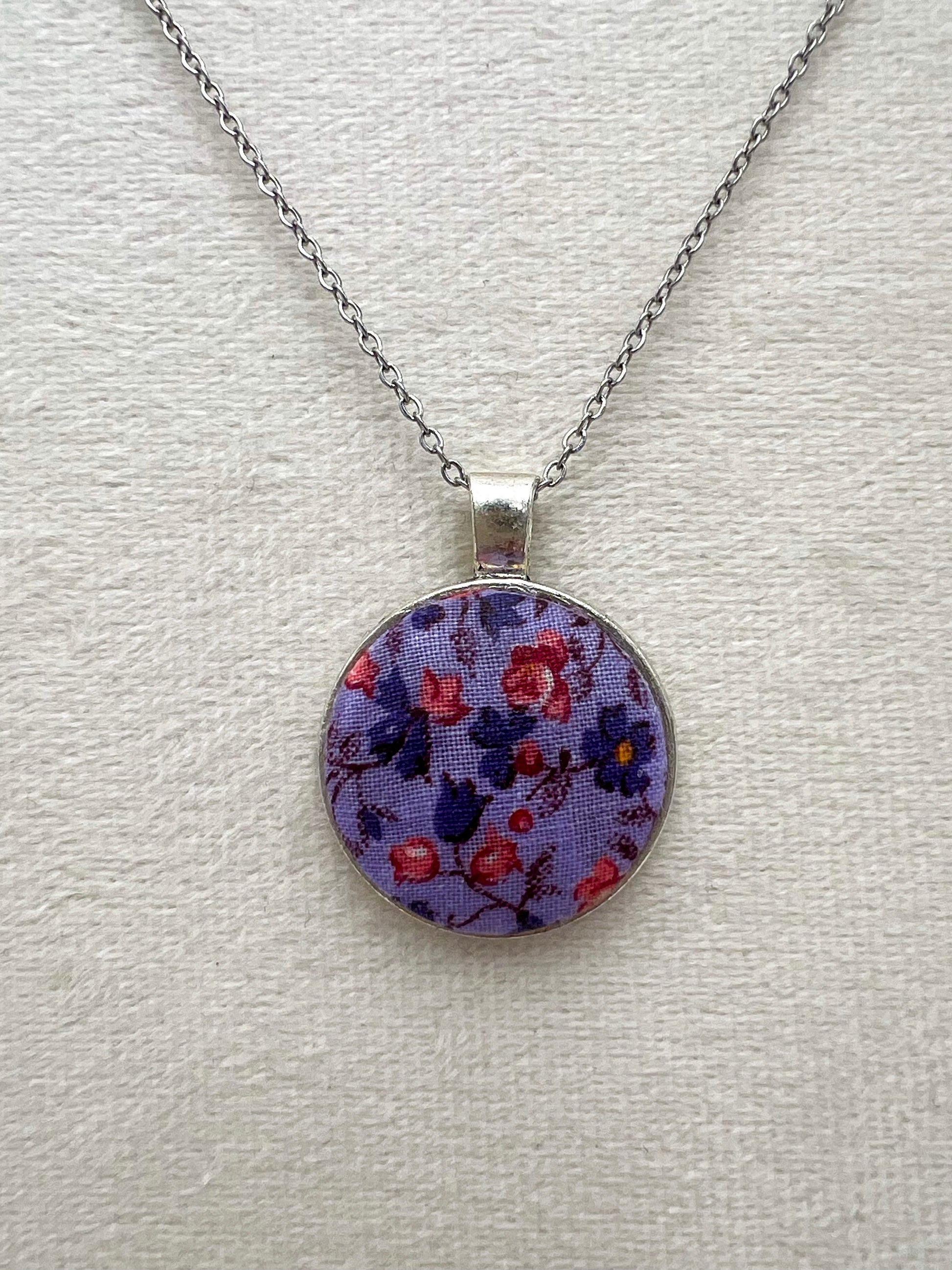 Vintage Lilac Floral Textile & Silver Necklace