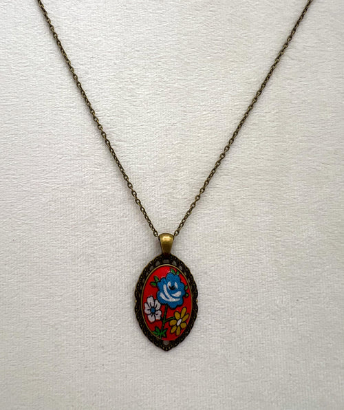 Vintage Floral Textile & Antique Bronze Necklace