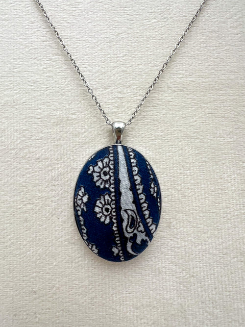 Vintage Blue Textile & Antique Silver Necklace