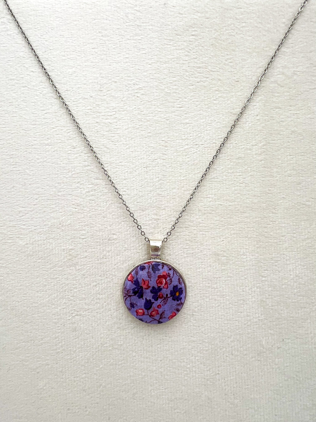 Vintage Lilac Floral Textile & Silver Necklace