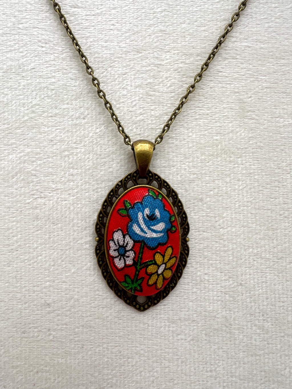 Vintage Floral Textile & Antique Bronze Necklace