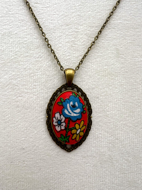 Vintage Floral Textile & Antique Bronze Necklace