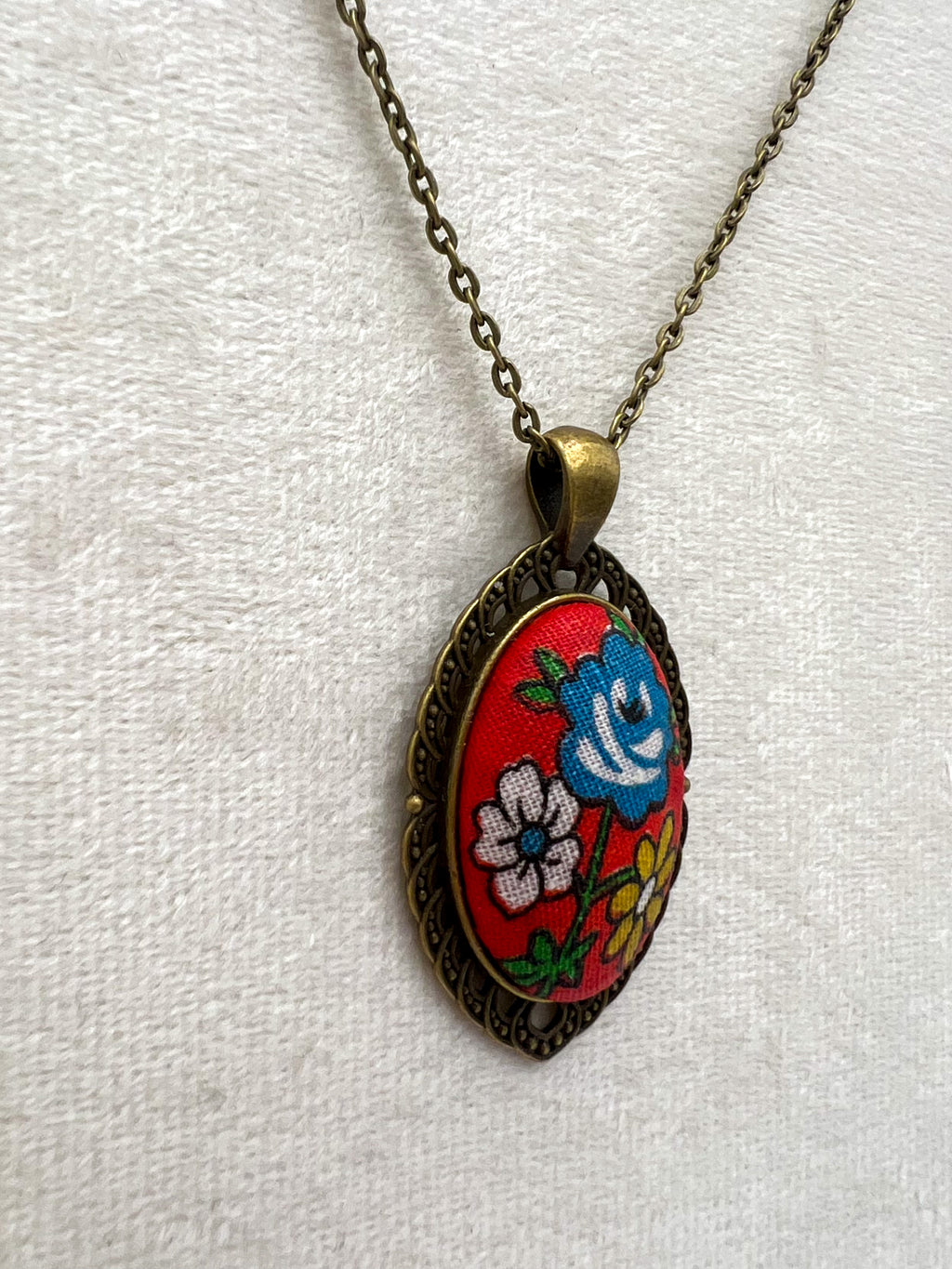 Vintage Floral Textile & Antique Bronze Necklace