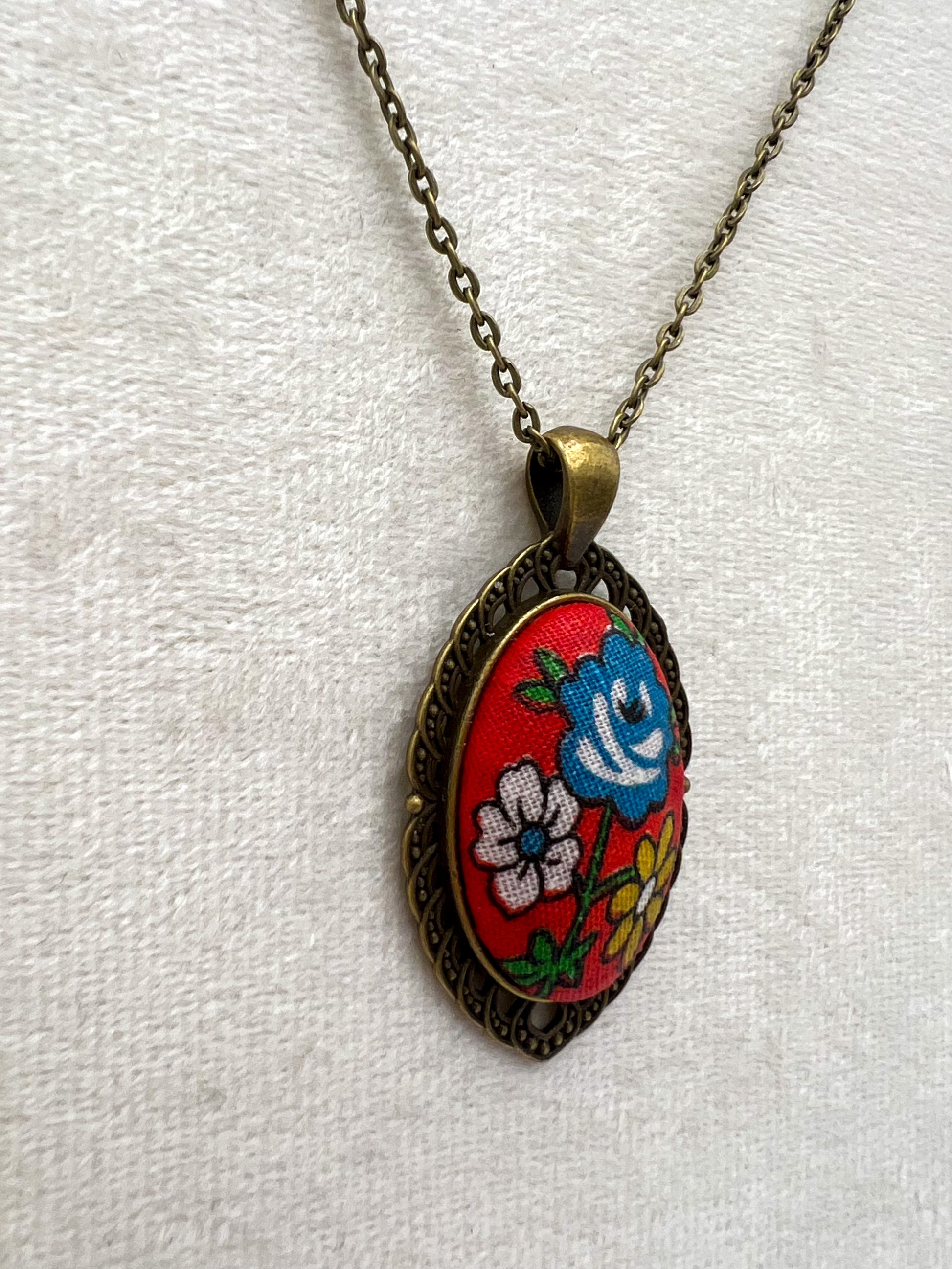 Vintage Floral Textile & Antique Bronze Necklace