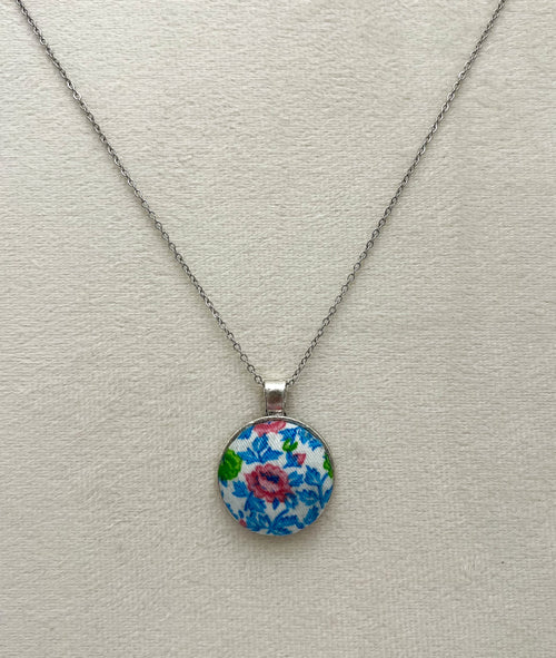 Vintage Floral Textile & Antique Silver Necklace